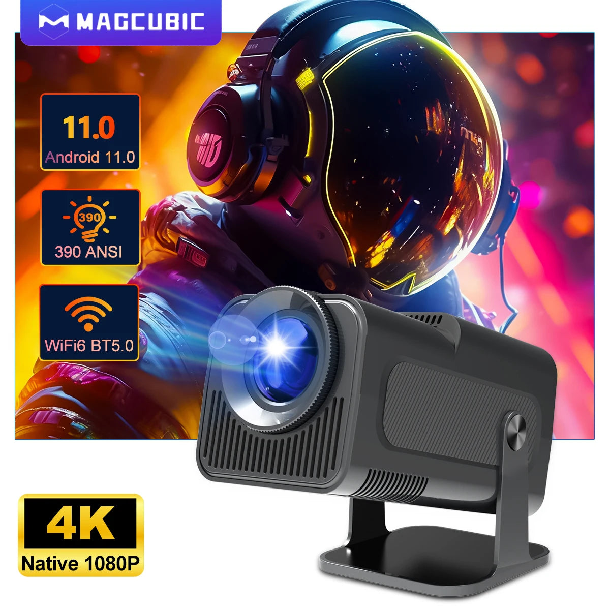 4K Android 11 Projector – Native 1080P, 390 ANSI Lumens, Dual Wi-Fi 6, BT 5.0, Portable Cinema Projector