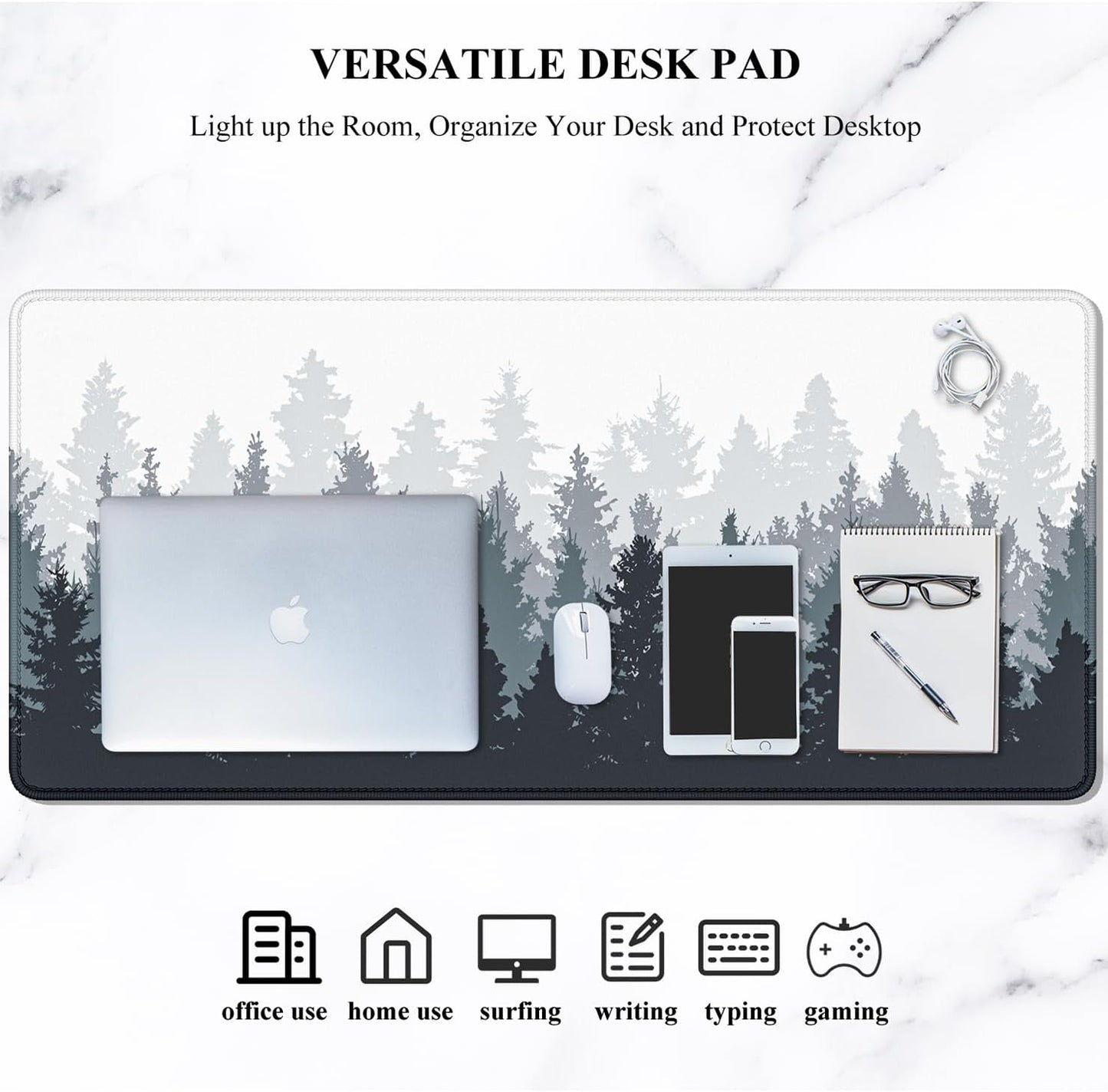 Forest Serenity XXL Gaming Mouse Pad – 35.4 x 15.7 in Extended Desk Mat, Non-Slip Rubber Base, Stitched Edges, Ultra-Thin Large Mouse Pad for Desktop, Laptop & Office Setup (White Forest Design)